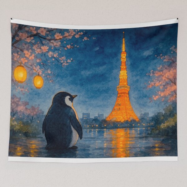 Item preview, watercolor poster style of penguin looking at Tokyo Tower at night designed and sold by rachelhugh73.
