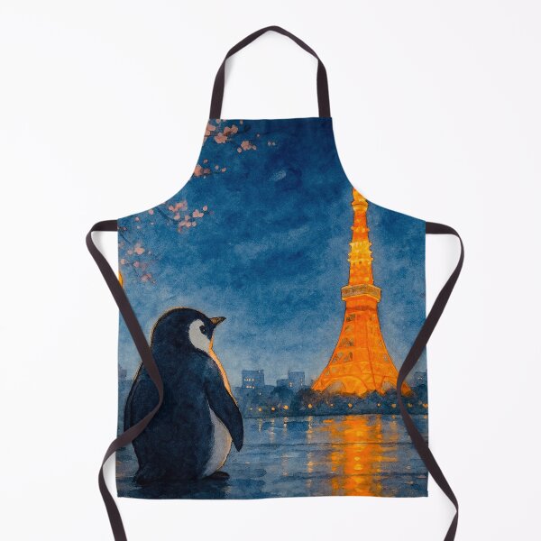 Item preview, watercolor poster style of penguin looking at Tokyo Tower at night designed and sold by rachelhugh73.