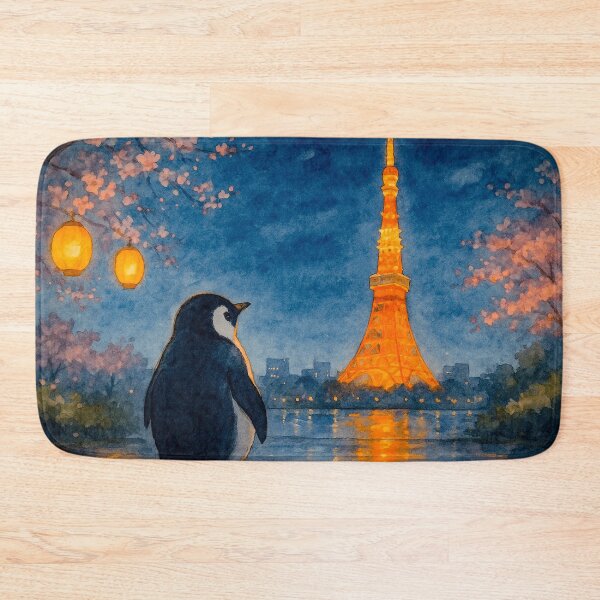 Item preview, watercolor poster style of penguin looking at Tokyo Tower at night designed and sold by rachelhugh73.