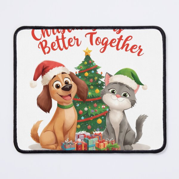 Item preview, Dog and Cat Wearing Santa Hats on a Couch Near Christmas Tree designed and sold by PWDigitalArt.