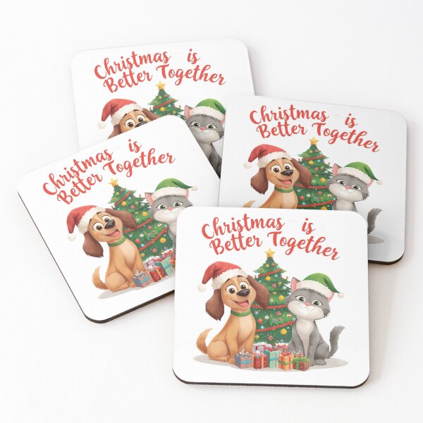Item preview, Dog and Cat Wearing Santa Hats on a Couch Near Christmas Tree designed and sold by PWDigitalArt.