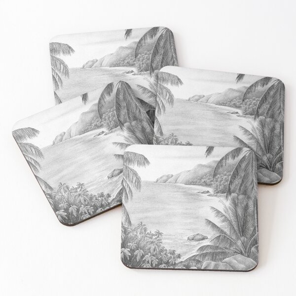 Item preview, "Seychelles Tropical Coastline Drawing – Paradise Beach Landscape Art" designed and sold by Joesy.