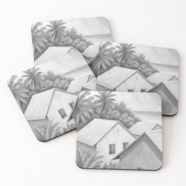 Item preview, Seychelles Island Paradise Drawing – Tropical Coastline with Palm Trees and Ocean Cottages Fine Art designed and sold by Joesy.
