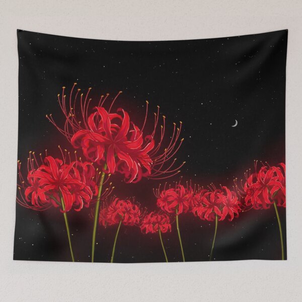 Item preview, Red Spider Lily Night, Higanbana Under a Crescent Moon, Nocturnal Botanical, Cosmic Black Sky designed and sold by CharmedVille.