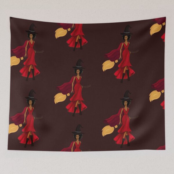 Item preview, Flying Witch in Red Dress with Broomstick and Cape designed and sold by tinkeybabes.