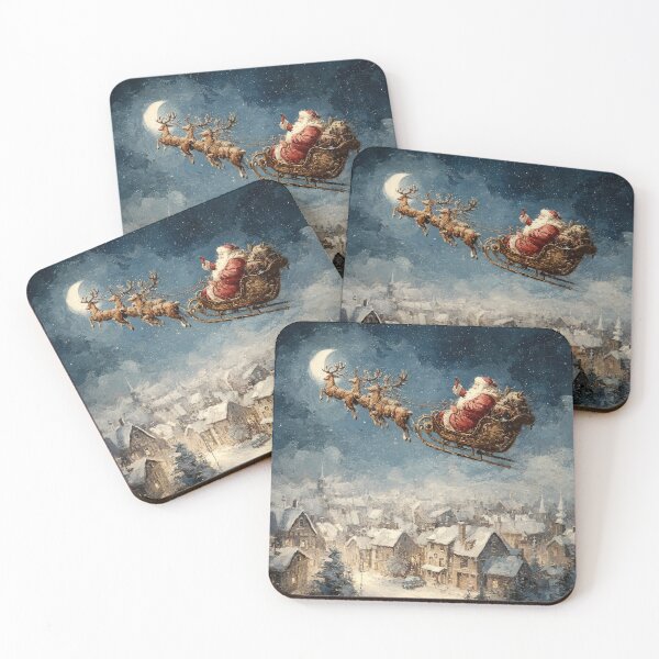 Item preview, Santa in Sleigh Flying Over Snowy Town – Vintage Christmas Art designed and sold by Lamarcy.