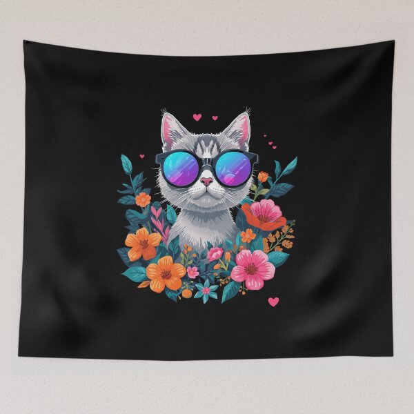 Item preview, Cool cat wearing sunglasses amidst vibrant floral blooms, a modern whimsical design perfect for pet lovers designed and sold by DigitalGraphic1.