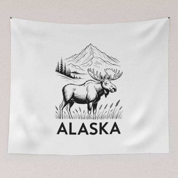 Item preview, Alaska State Minimalist Monoline Denali Mountain and Moose Wilderness Adventure Graphic designed and sold by HellD3vil-Art.