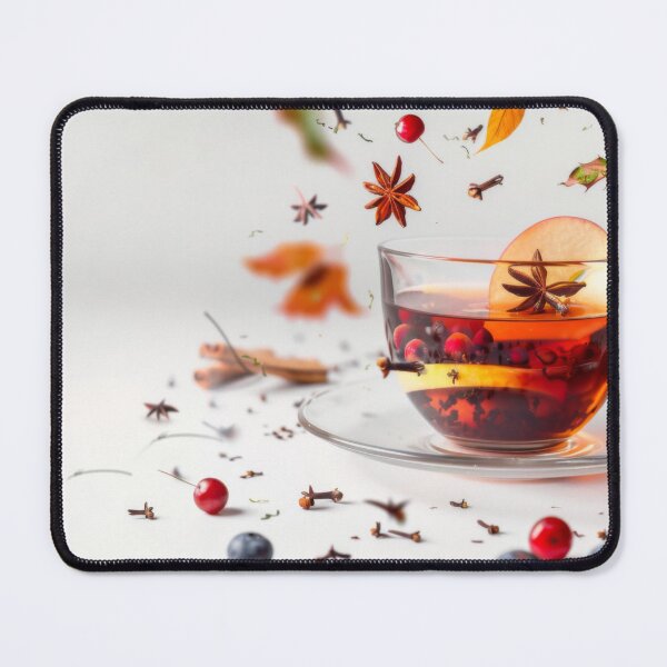 Artikelvorschau, Herbsttee mit Apfelscheiben, Preiselbeeren, Gewürzen, fallenden Zutaten in der Tasse, KI-generiert entworfen und verkauft von dvoevnore.