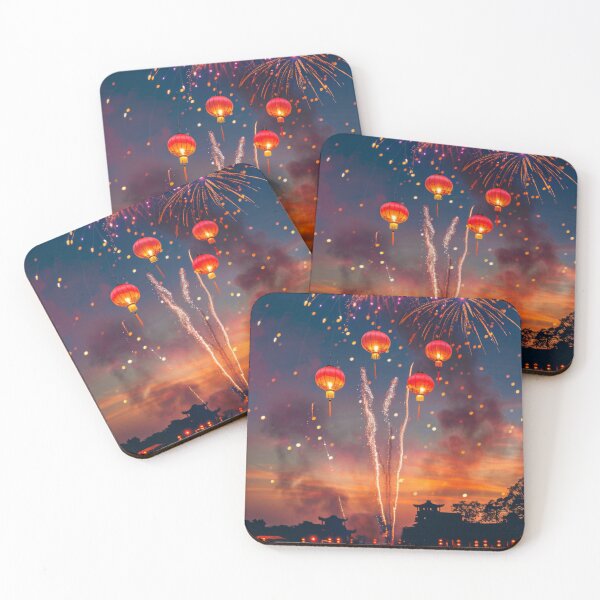 Item preview, Traditional Chinese lanterns against fireworks in night sky, background, AI generated designed and sold by dvoevnore.