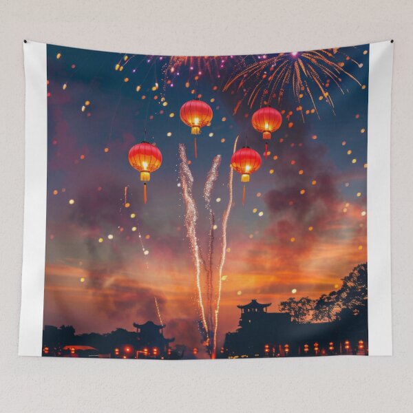 Item preview, Traditional Chinese lanterns against fireworks in night sky, background, AI generated designed and sold by dvoevnore.