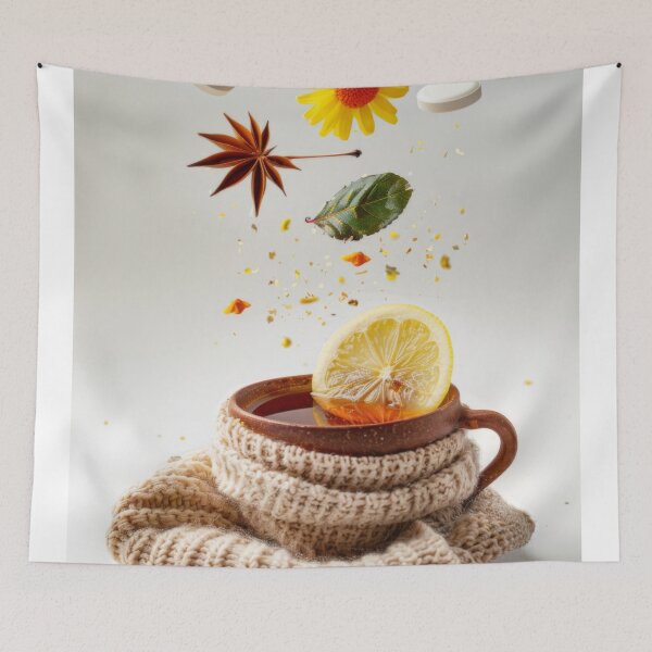 Item preview, Cup of herbal tea with floating ingredients including lemon, chamomile, and capsules, AI generated designed and sold by dvoevnore.