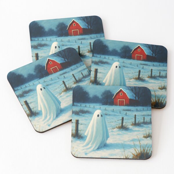 Item preview, Winter Farm Ghost – Snowy Red Barn Spirit Illustration designed and sold by EmeraldeaArt.