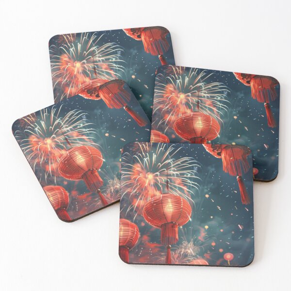 Item preview, Traditional Chinese lanterns against fireworks in night sky, background, AI generated designed and sold by dvoevnore.