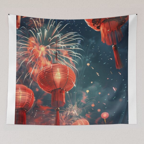 Item preview, Traditional Chinese lanterns against fireworks in night sky, background, AI generated designed and sold by dvoevnore.