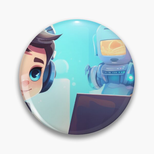 Item preview, Boy with headphones using laptop and robot assistant beside, AI generated designed and sold by dvoevnore.