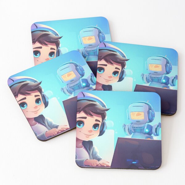 Item preview, Boy with headphones using laptop and robot assistant beside, AI generated designed and sold by dvoevnore.