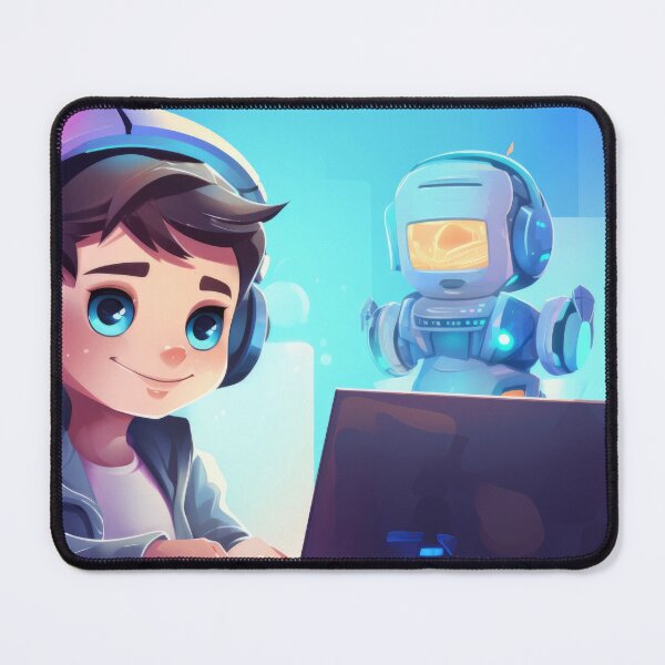 Item preview, Boy with headphones using laptop and robot assistant beside, AI generated designed and sold by dvoevnore.