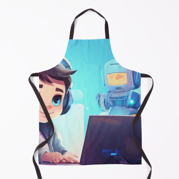 Item preview, Boy with headphones using laptop and robot assistant beside, AI generated designed and sold by dvoevnore.