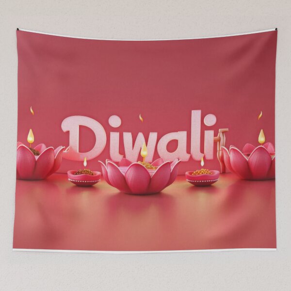 Item preview, Text Diwali with row of colorful lotus-shaped candles on red background, AI Generated designed and sold by dvoevnore.