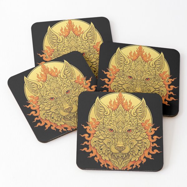 Item preview, Golden Yellow Wolf Head Thai Art Pattern | Traditional Asia Mythology Style designed and sold by Sitred123.