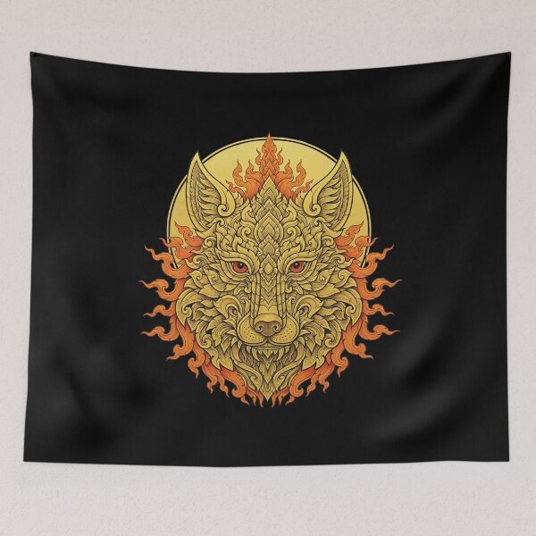Item preview, Golden Yellow Wolf Head Thai Art Pattern | Traditional Asia Mythology Style designed and sold by Sitred123.