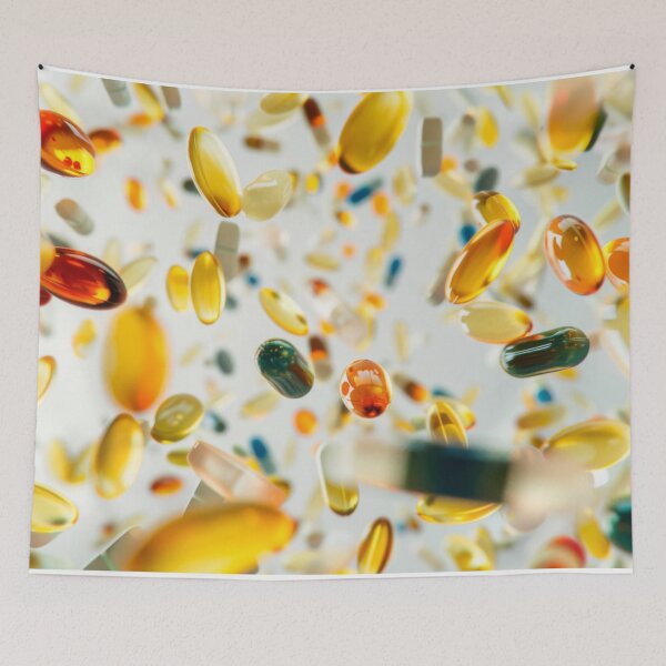 Item preview, Colorful pills and capsules falling in mid-air on white background, AI Generated designed and sold by dvoevnore.