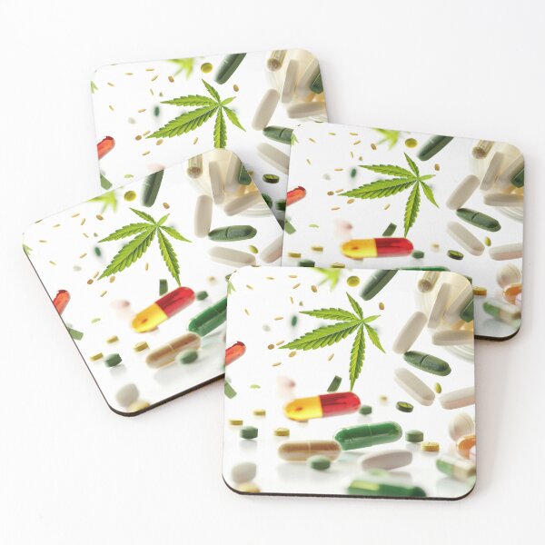Item preview, Colorful pills and cannabis leaves scattered on white background, AI Generated designed and sold by dvoevnore.