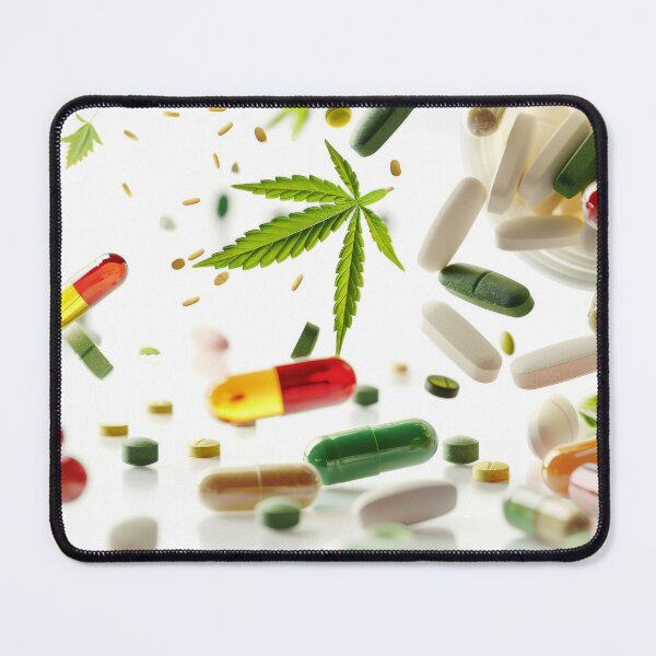 Item preview, Colorful pills and cannabis leaves scattered on white background, AI Generated designed and sold by dvoevnore.