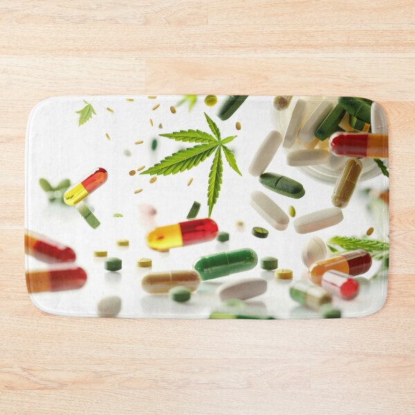 Item preview, Colorful pills and cannabis leaves scattered on white background, AI Generated designed and sold by dvoevnore.