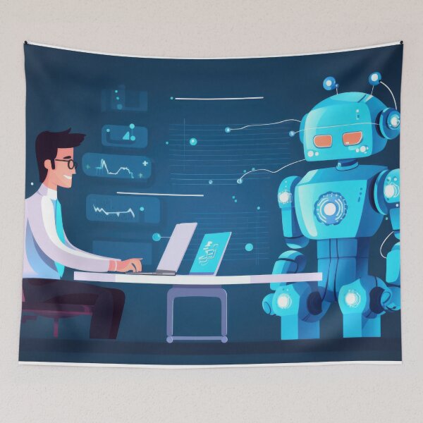 Item preview, Man in glasses working on laptop with robot at desk, AI generated designed and sold by dvoevnore.