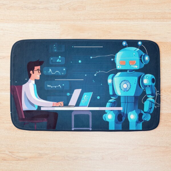 Item preview, Man in glasses working on laptop with robot at desk, AI generated designed and sold by dvoevnore.