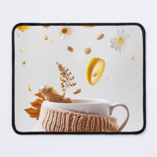 Item preview, Cup of herbal tea with floating ingredients including lemon, chamomile, and capsules, AI generated designed and sold by dvoevnore.