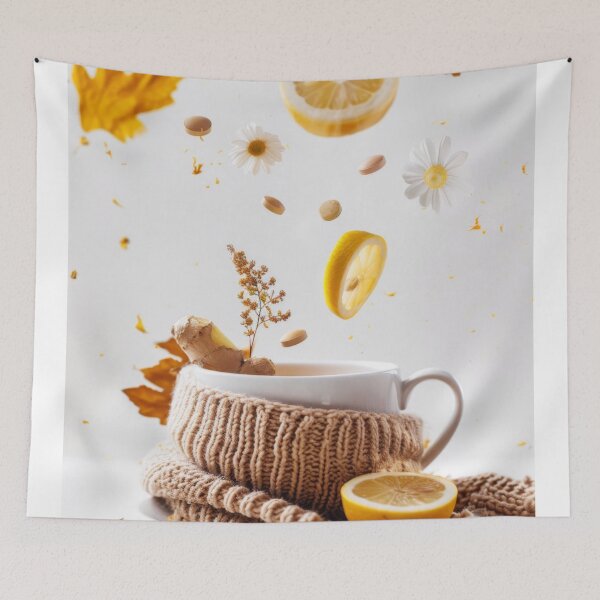 Item preview, Cup of herbal tea with floating ingredients including lemon, chamomile, and capsules, AI generated designed and sold by dvoevnore.