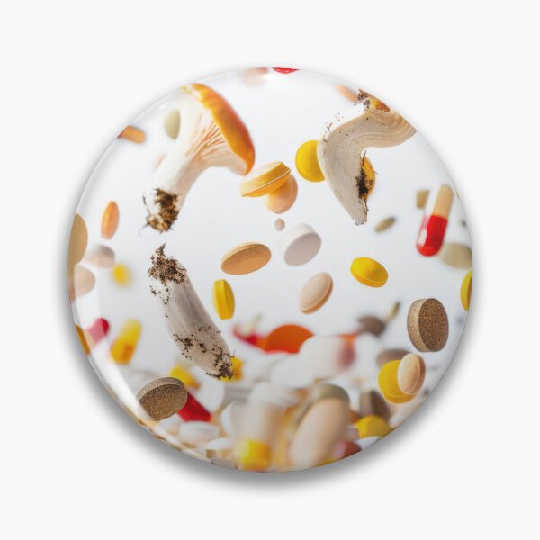 Item preview, Mushrooms and various pills floating in mid-air on white background, AI Generated designed and sold by dvoevnore.