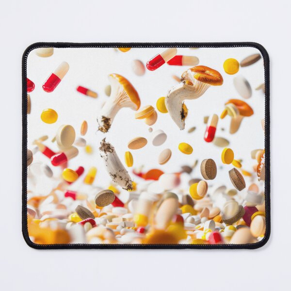 Item preview, Mushrooms and various pills floating in mid-air on white background, AI Generated designed and sold by dvoevnore.