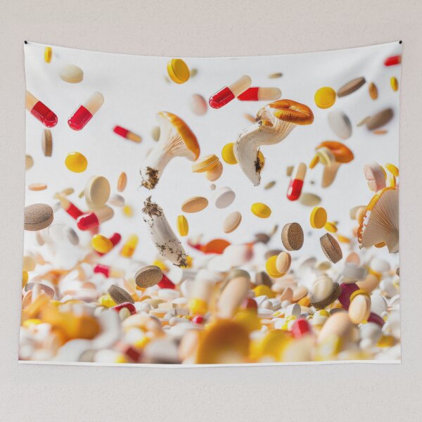 Item preview, Mushrooms and various pills floating in mid-air on white background, AI Generated designed and sold by dvoevnore.