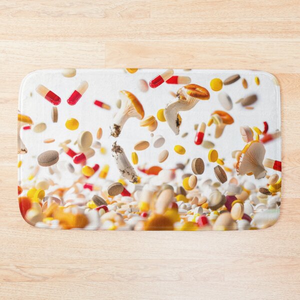 Item preview, Mushrooms and various pills floating in mid-air on white background, AI Generated designed and sold by dvoevnore.