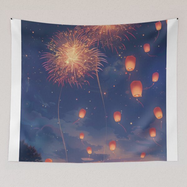 Item preview, Traditional Chinese lanterns against fireworks in night sky, background, AI generated designed and sold by dvoevnore.