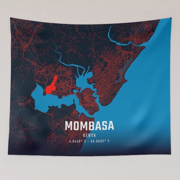 Item preview, Mombasa Red & Blue Minimalist Map designed and sold by HomeLivingCo.