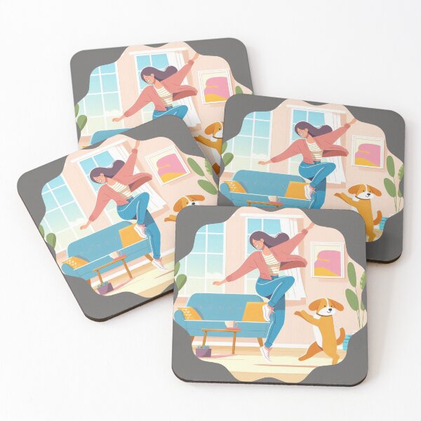 Item preview, Morning Dance! Happy Woman Dancing at Home with Animated Dog – Design for Daily Joy and Pet Conviviality designed and sold by DibuHumor.