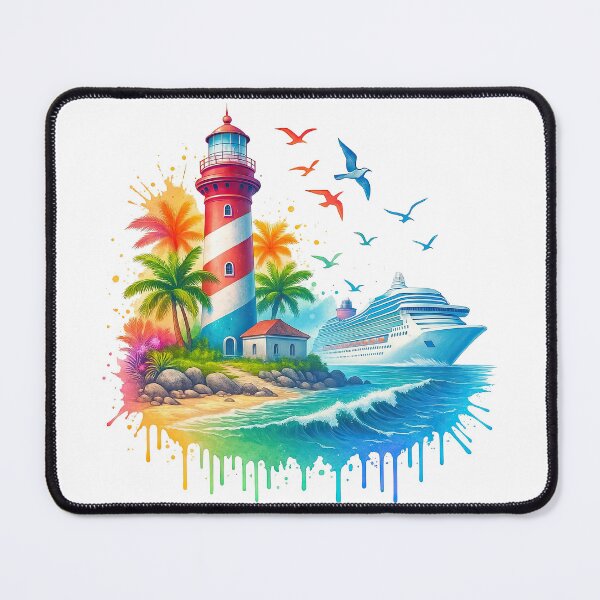 Item preview, Tropical Lighthouse and Cruise Ship Beach Scene designed and sold by ArtfulWeave.