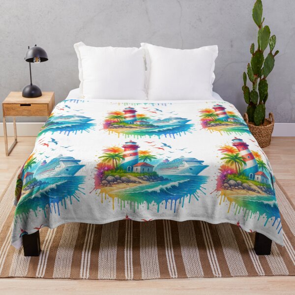 Item preview, Tropical Lighthouse and Cruise Ship Beach Scene designed and sold by ArtfulWeave.
