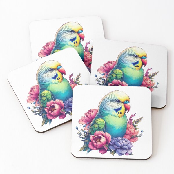 Item preview, A beautiful and fluffy parakeet with various leaves and colorful flowers designed and sold by Marcoshop10.