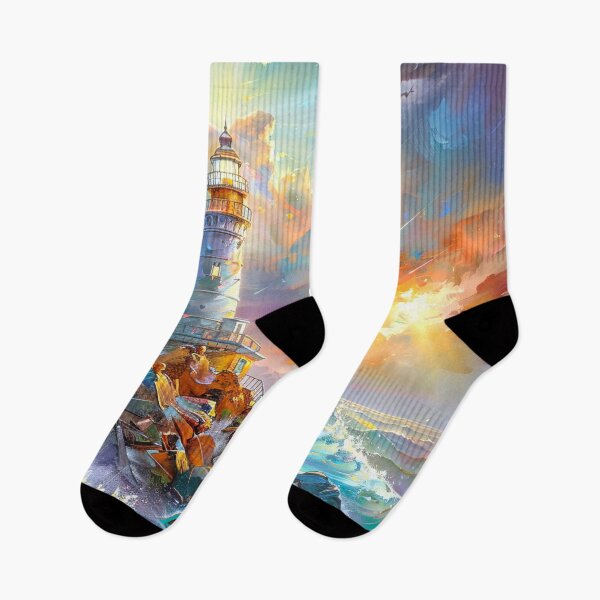 Item preview,  Watercolor Lighthouse at Sunset by the Stormy Ocean – Pastel Cliffside Seascape Art designed and sold by MargaretWiktor.