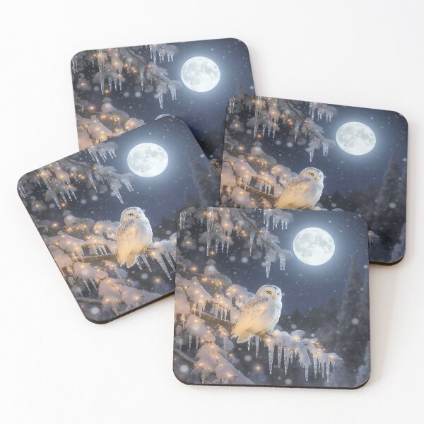 Item preview, Snowy Owl Under Full Moon on Frosted Christmas Branch designed and sold by acceleratorhams.