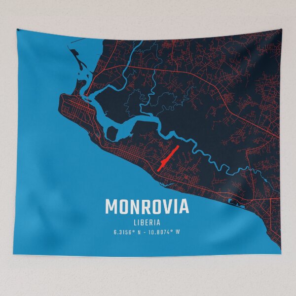 Item preview, Monrovia Red & Blue Minimalist Map designed and sold by HomeLivingCo.