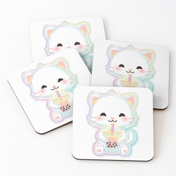 Item preview, Adorable Kawaii White Cat Loving Boba Tea Illustration with Pastel Rainbow Outline Sticker Art designed and sold by ModNoy.