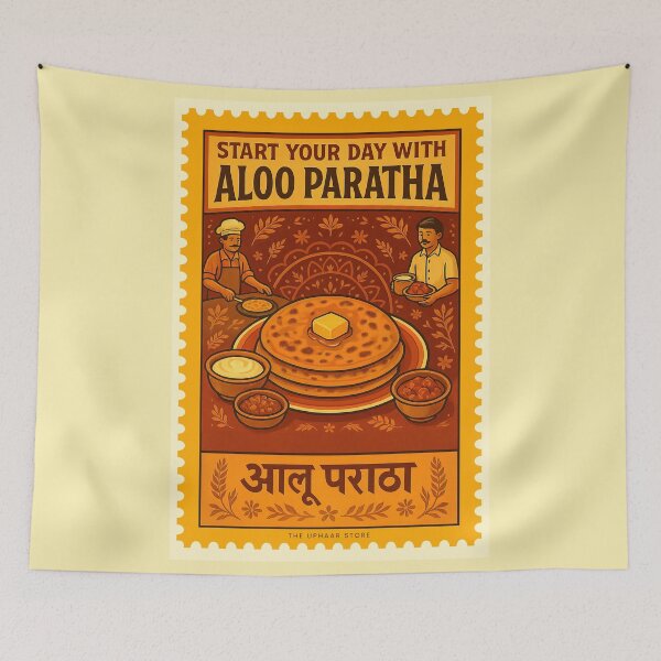 Item preview, Aloo Parantha Vintage Stamp Art Print - Indian Breakfast Food Art | Nostalgia food designed and sold by The Uphaar Store.