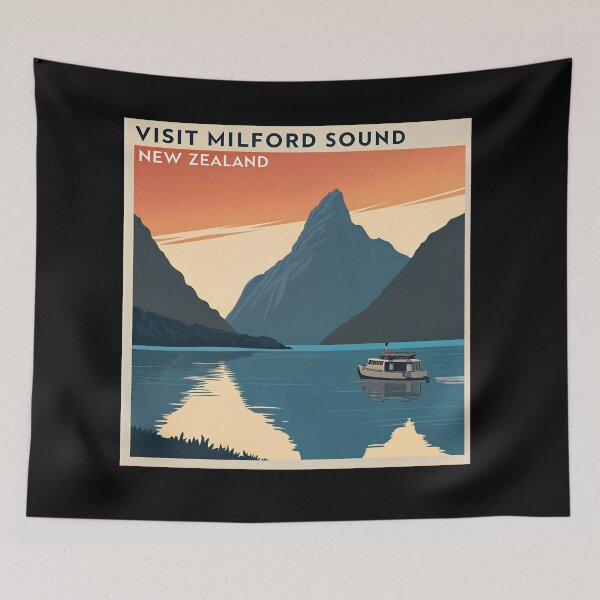 Item preview, Milford Sound New Zealand – Retro Travel Poster Design designed and sold by VividOrganica.